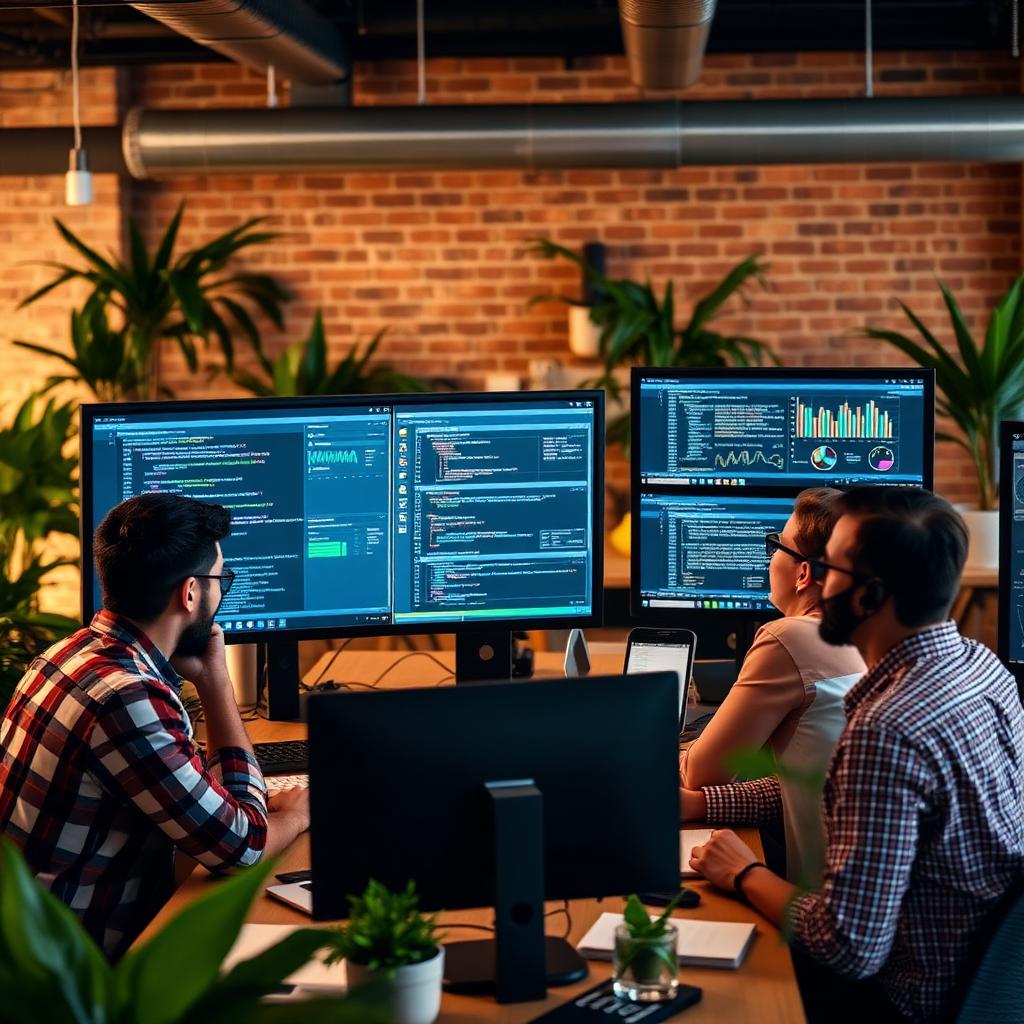 Engineers collaborating on dashboards and code
